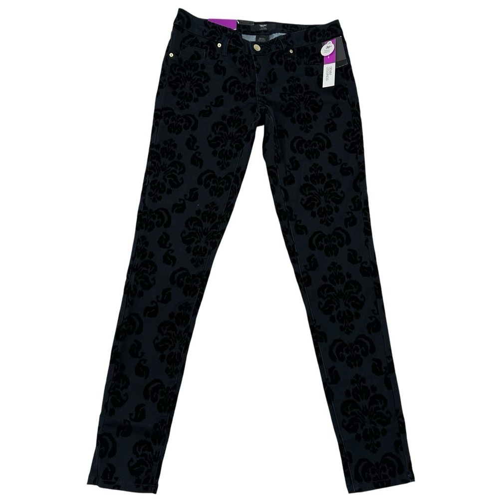 Mossimo Womens Size 4 Black Flocked Damask Denim Leggings Mid Rise Skinny Jeans